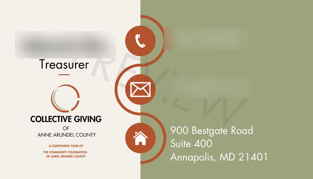 Back of the Collective Giving business card with personal contact details blurred