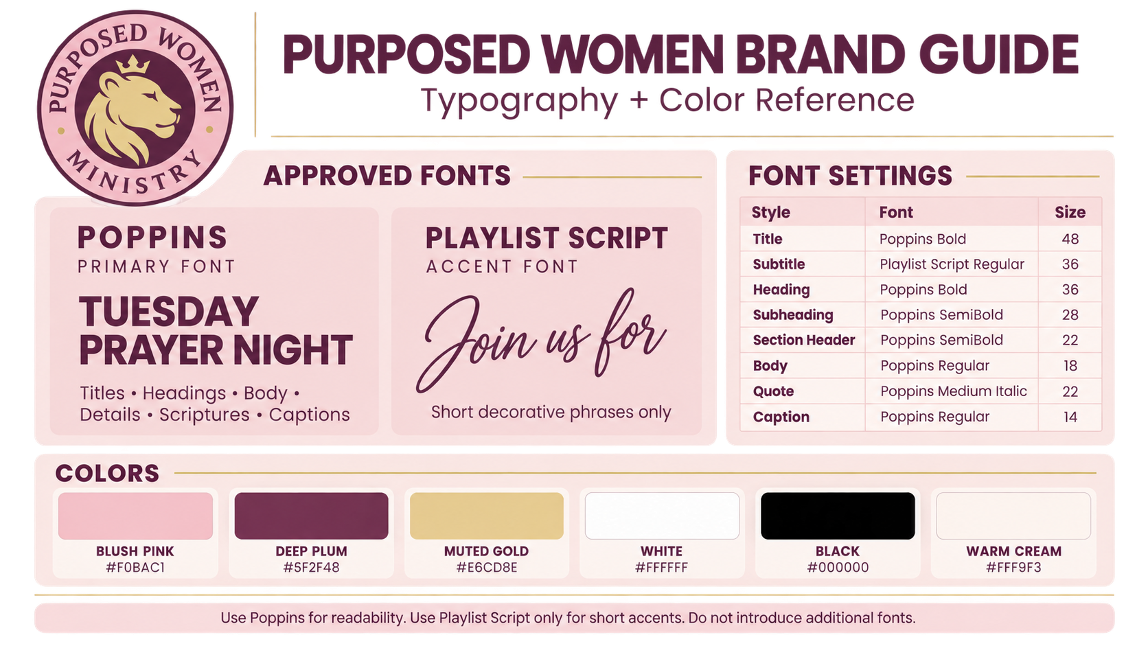 Purposed Women brand board with the logo, typography, font settings, and color palette