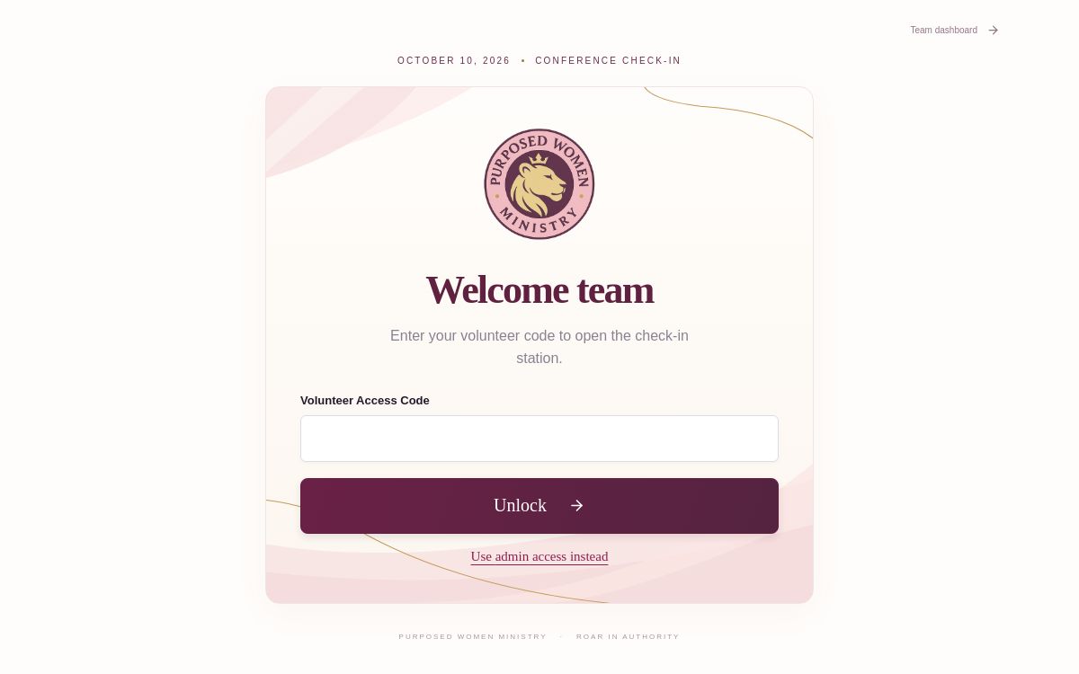 Purposed Women Roar In Authority team check-in screen with volunteer access code and administrator access option